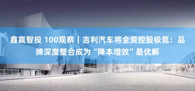 鑫赢智投 100观察｜吉利汽车将全资控股极氪：品牌深度整合成为“降本增效”最优解